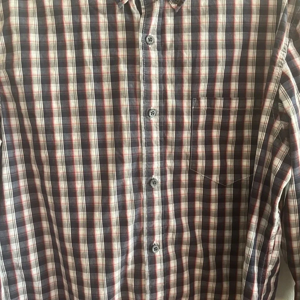Banana Republic Mens Large 16-16.5 Plaid Button Down‎ Shirt Navy Red White